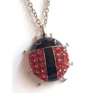Silver Crystal Ladybug Necklace Chunky 24-26"
